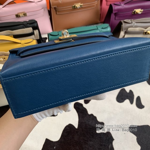 Hermes凱利女包 愛馬仕Minikelly pochette一代 原廠進口swift皮 半手工蠟線 深邃藍 金銀扣  tdh2264